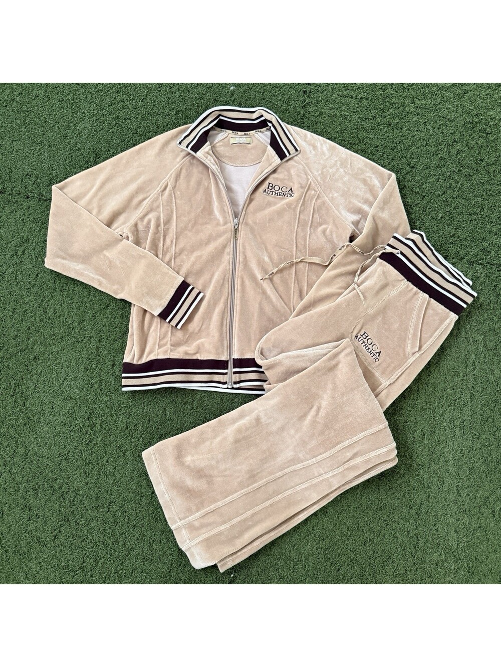 Y2K BOCA Authentic Women’s M Beige Velour Tracksuit Jacket Flare Pants Set Boho